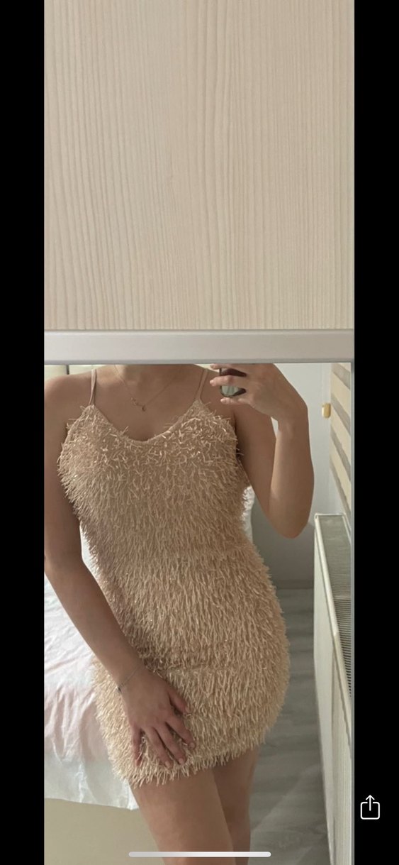 Simli Bej Mini Triko Straplez Elbise - Görsel 4