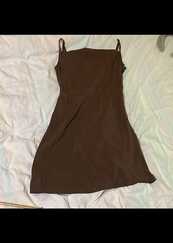 Parlak Kahverengi V Yaka İpek Elbise - Görsel 2