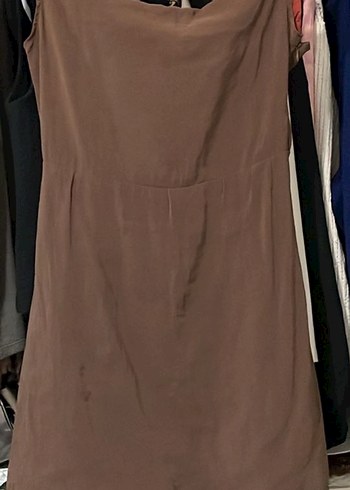 Parlak Kahverengi V Yaka İpek Elbise - Görsel 4