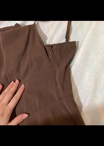 Parlak Kahverengi V Yaka İpek Elbise - Görsel 3