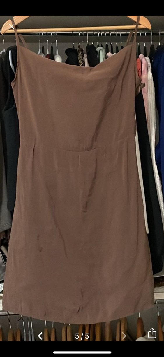 Parlak Kahverengi V Yaka İpek Elbise - Görsel 4