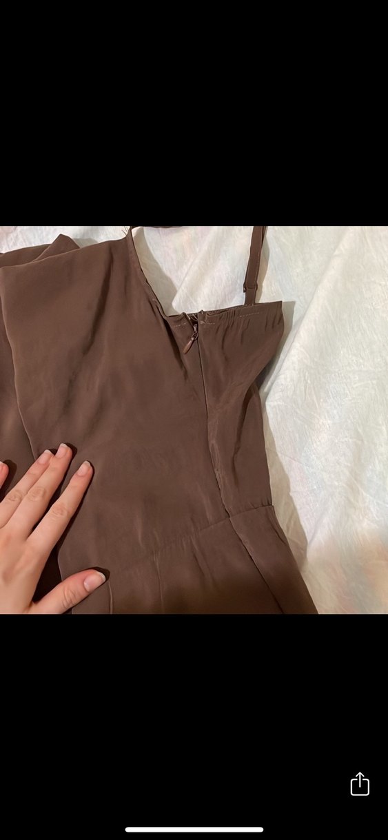 Parlak Kahverengi V Yaka İpek Elbise - Görsel 3