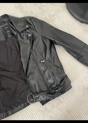 Kadın Siyah Deri Biker Ceket - Görsel 2