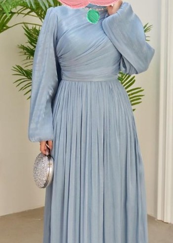 Mavi Pilili Uzun Gece Elbisesi - Görsel 2