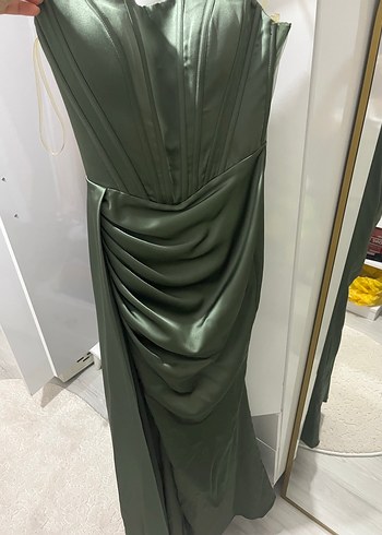 Gri Straplez Drapeli Uzun Kadın Abiye - Görsel 2