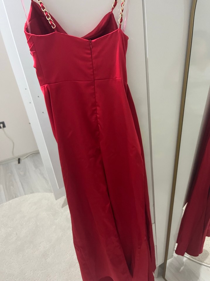 Kırmızı Drapeli Uzun Abiye Elbise - Görsel 2