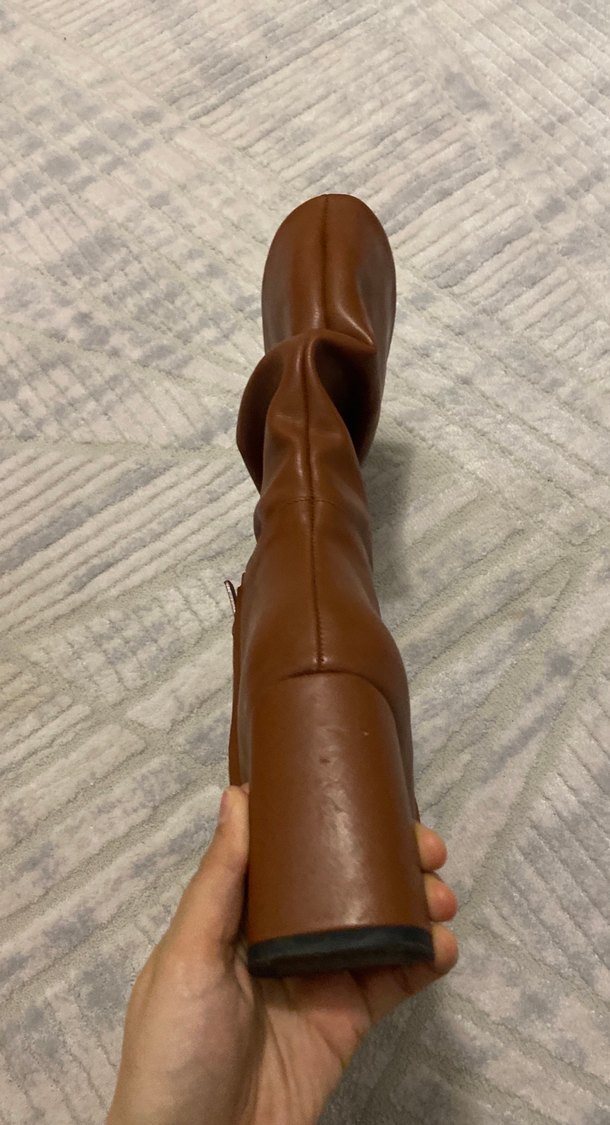 Kahverengi Tokalı Kadın Deri Dizüstü Çizme - Görsel 4