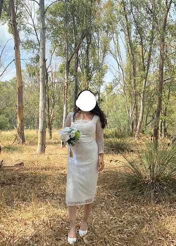 Dantel Detaylı Midi Beyaz nikah elbisesi - Görsel 3