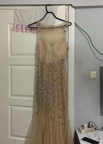 Boncuk İşlemeli Bej Uzun Abiye Elbise - Görsel 8