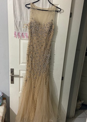 Boncuk İşlemeli Bej Uzun Abiye Elbise - Görsel 5