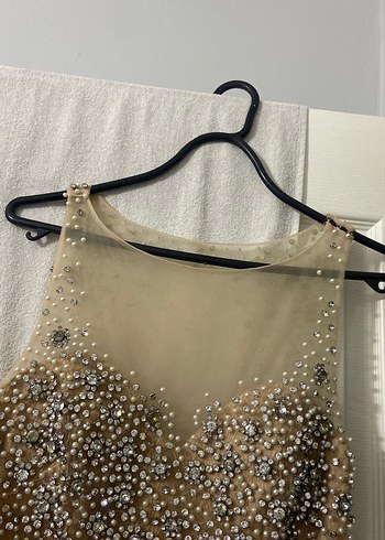 Boncuk İşlemeli Bej Uzun Abiye Elbise - Görsel 7