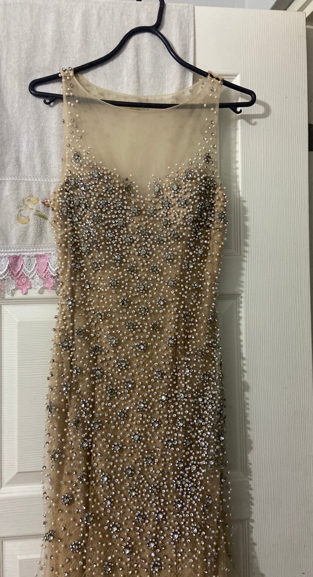 Boncuk İşlemeli Bej Uzun Abiye Elbise - Görsel 4