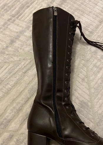 Kahverengi Deri Dizüstü Bot, Kürklü, Blok Topuk - Görsel 3