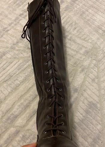 Kahverengi Deri Dizüstü Bot, Kürklü, Blok Topuk - Görsel 2