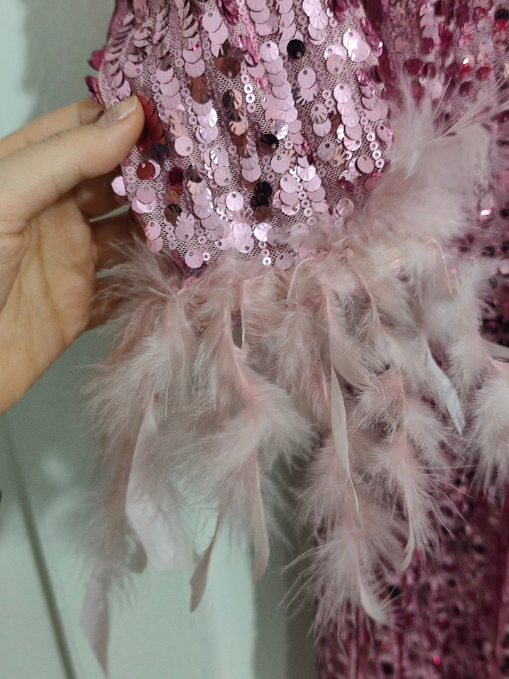 Pullu Pembe V Yaka Midi Abiye Elbise - Görsel 4