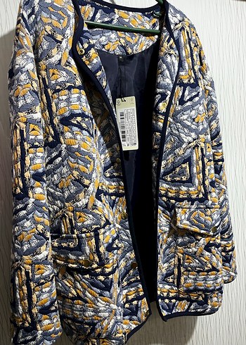 Sarı Gri Desenli Midi Kadın Ceket - Görsel 4