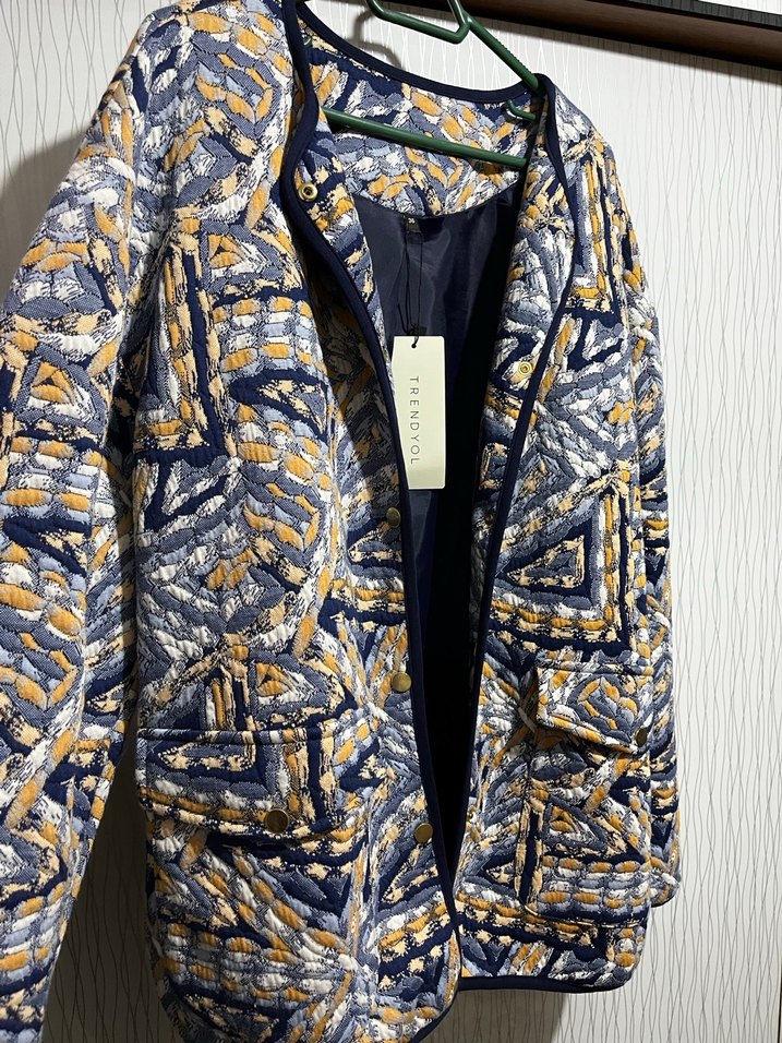 Sarı Gri Desenli Midi Kadın Ceket - Görsel 2