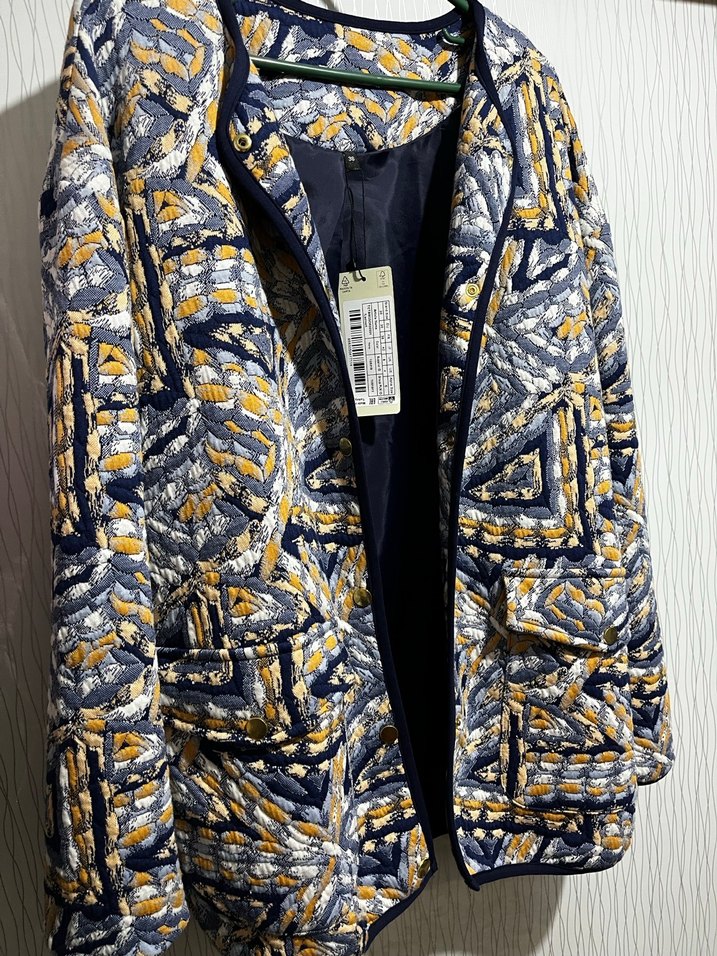Sarı Gri Desenli Midi Kadın Ceket - Görsel 4