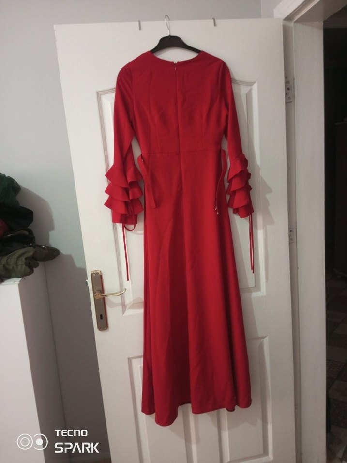 Kırmızı Uzun Kollu Drapeli Kadın Elbise - Görsel 2