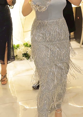 Bebek mavisi Nakışlı Uzun Straplez Abiye Elbise - Görsel 3