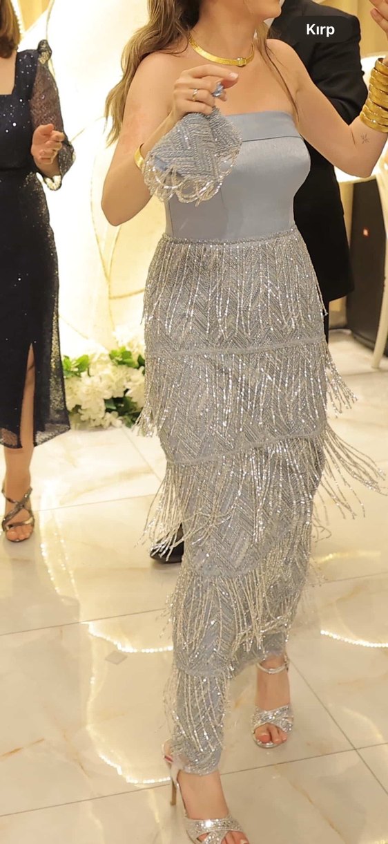 Bebek mavisi Nakışlı Uzun Straplez Abiye Elbise - Görsel 3