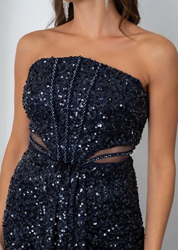 Straplez Drapeli Lacivert Uzun Abiye Elbise - Görsel 2