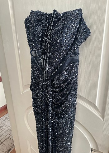 Straplez Drapeli Lacivert Uzun Abiye Elbise - Görsel 3