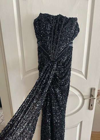 Straplez Drapeli Lacivert Uzun Abiye Elbise - Görsel 5