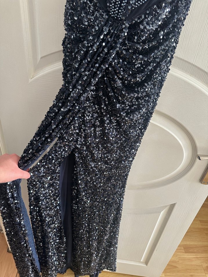 Straplez Drapeli Lacivert Uzun Abiye Elbise - Görsel 4