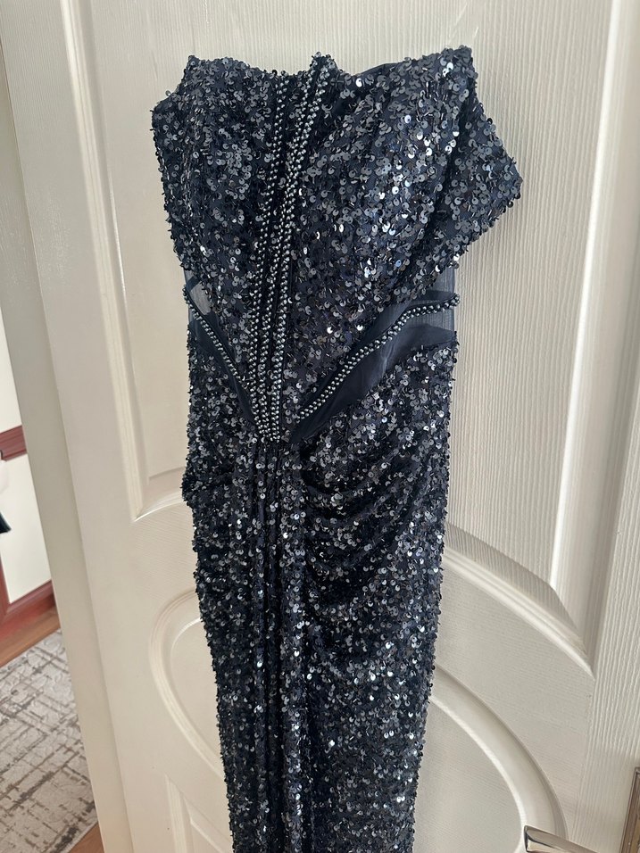 Straplez Drapeli Lacivert Uzun Abiye Elbise - Görsel 3