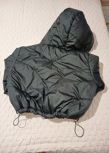 l Beden siyah Renk Gri Kapüşonlu Düğmeli Kadın Kışlık Mont