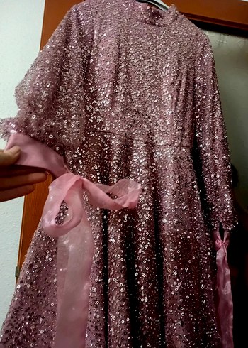 Pembe Uzun Kollu Payetli Kadın Abiye Elbise - Görsel 3