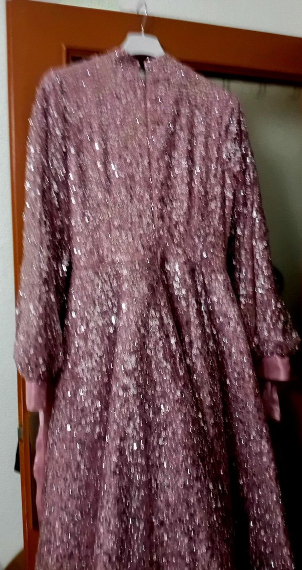 Pembe Uzun Kollu Payetli Kadın Abiye Elbise - Görsel 2