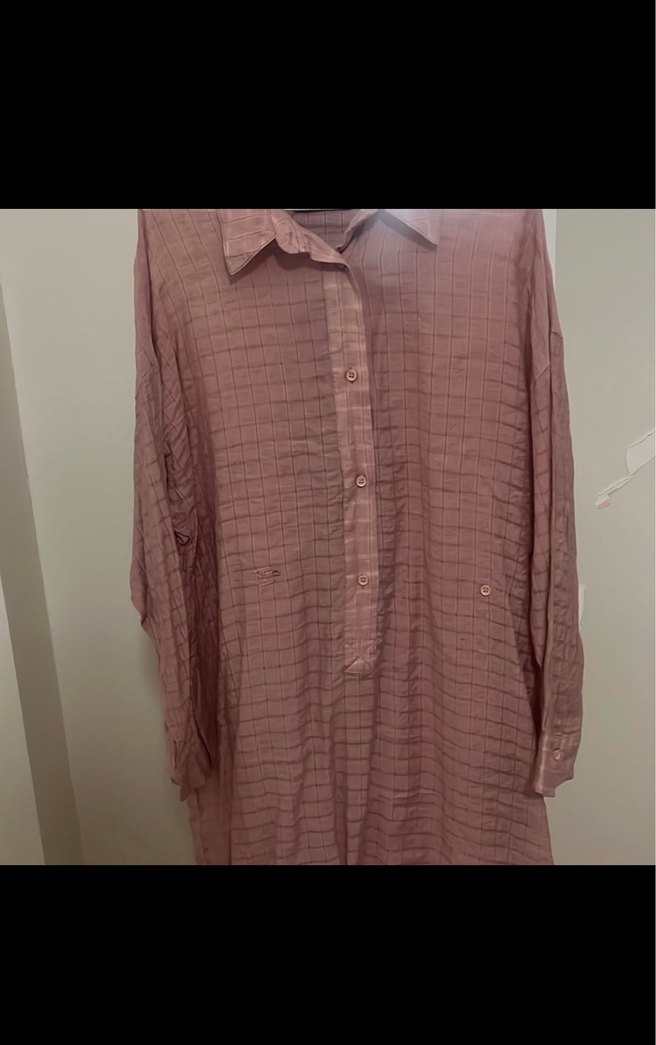 Pembe Uzun Kollu Keten Kadın Gömlek - Görsel 3