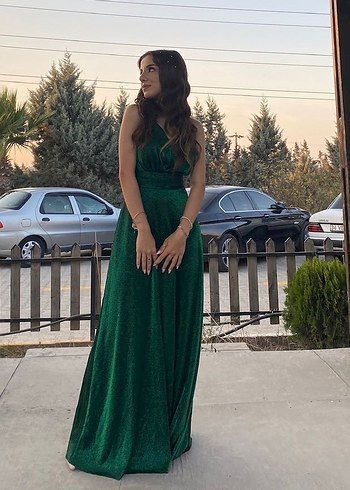 Parlak Yeşil Drapeli Uzun Abiye Elbise - Görsel 3