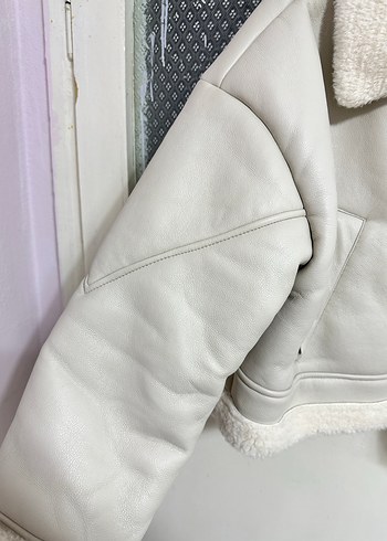 Beyaz Kürklü Deri Kadın Ceket - Görsel 3