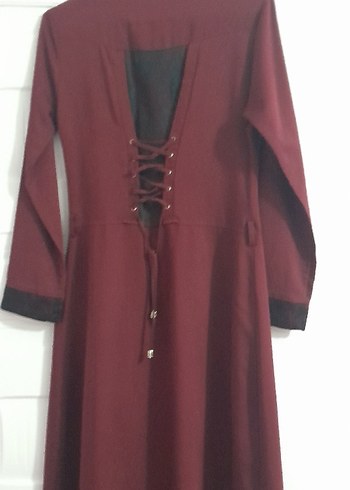 Bordo V Yaka Uzun Kollu Salaş şık Elbise - Görsel 5