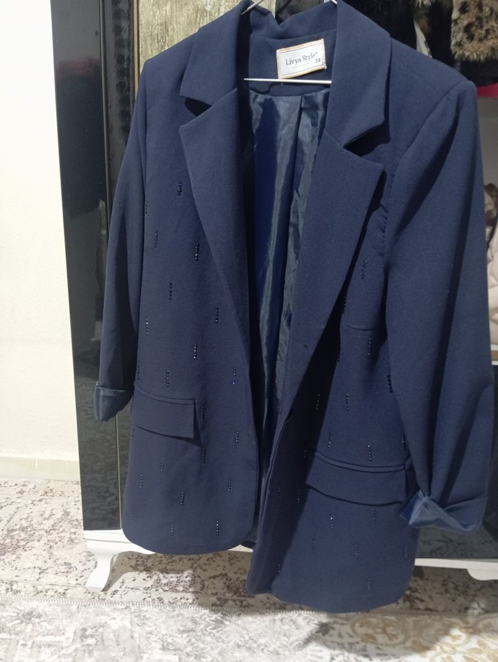 Düğmeli Mavi Uzun kadın bleazer Takım Elbise - Görsel 2