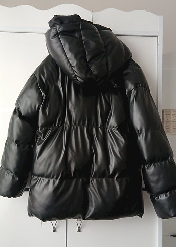 Kadın Siyah Deri Kapüşonlu Kış Ceketi - Görsel 2