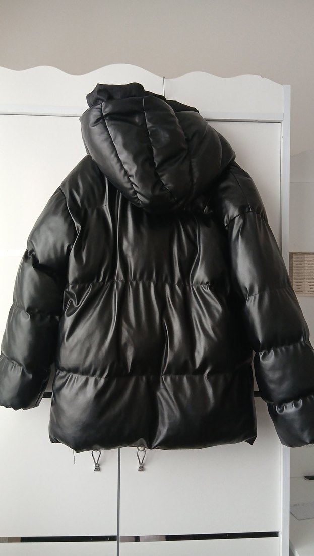 Kadın Siyah Deri Kapüşonlu Kış Ceketi - Görsel 2