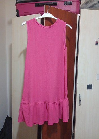 Pembe Kolsuz Midi Keten Elbise - Görsel 2