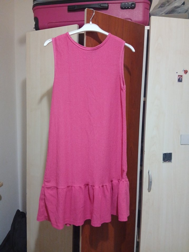 Pembe Kolsuz Midi Keten Elbise - Görsel 2