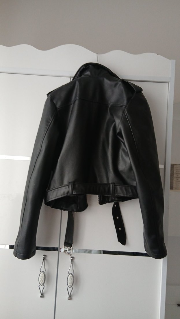 Siyah Kadın Deri Biker Ceket - Görsel 2