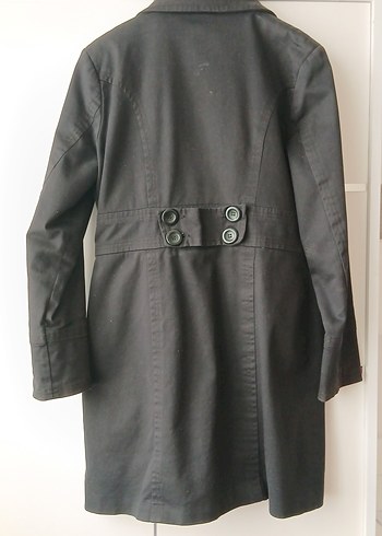 Düğmeli Siyah Midi Keten Kadın Trençkot - Görsel 2