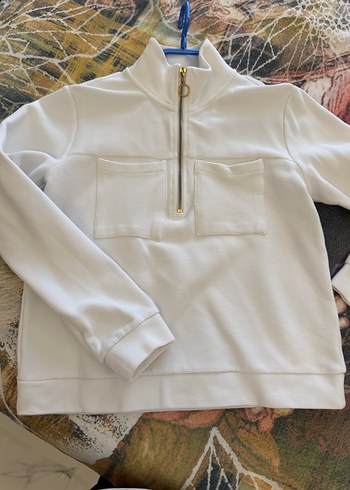 Kadın Beyaz Fermuarlı Sweatshirt - Görsel 4
