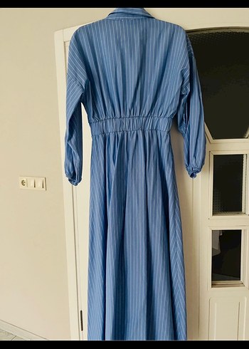 Düğmeli Uzun Kollu Mavi Kadın Elbise - Görsel 2