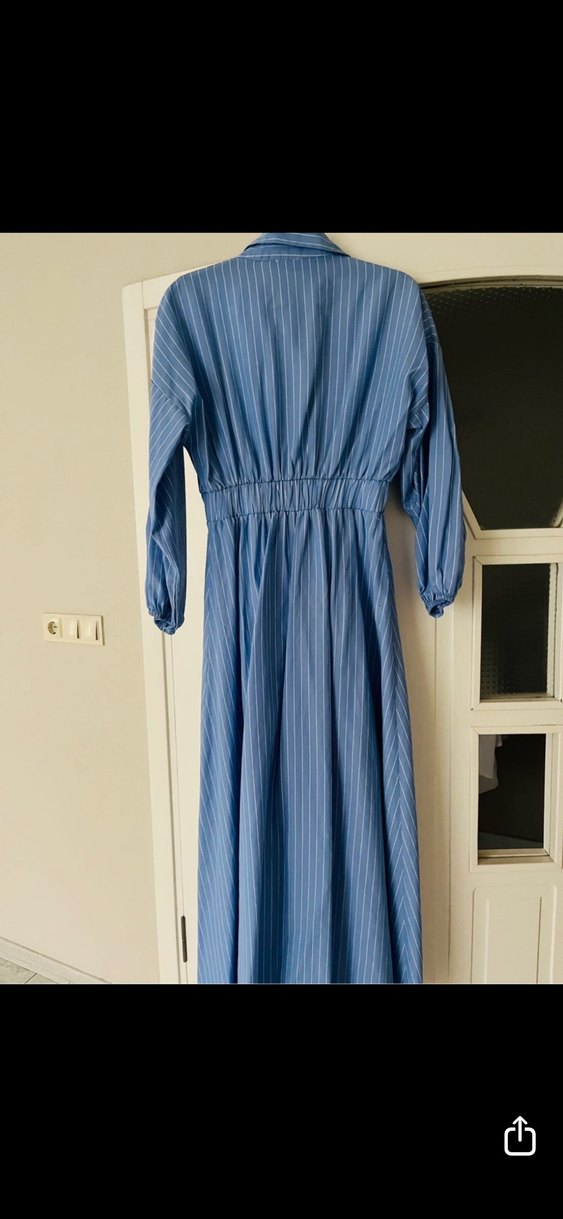 Düğmeli Uzun Kollu Mavi Kadın Elbise - Görsel 2