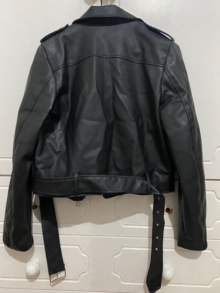 Kadın Siyah Deri Biker Ceket - Görsel 4