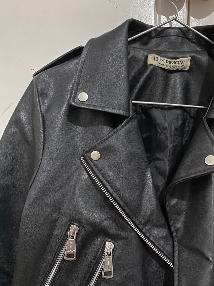 Kadın Siyah Deri Biker Ceket - Görsel 2