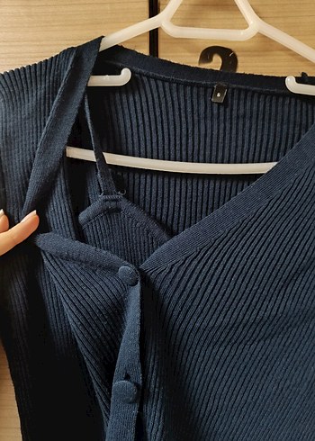 Uzun Kollu Lacivert Triko Elbise hırka - Görsel 4